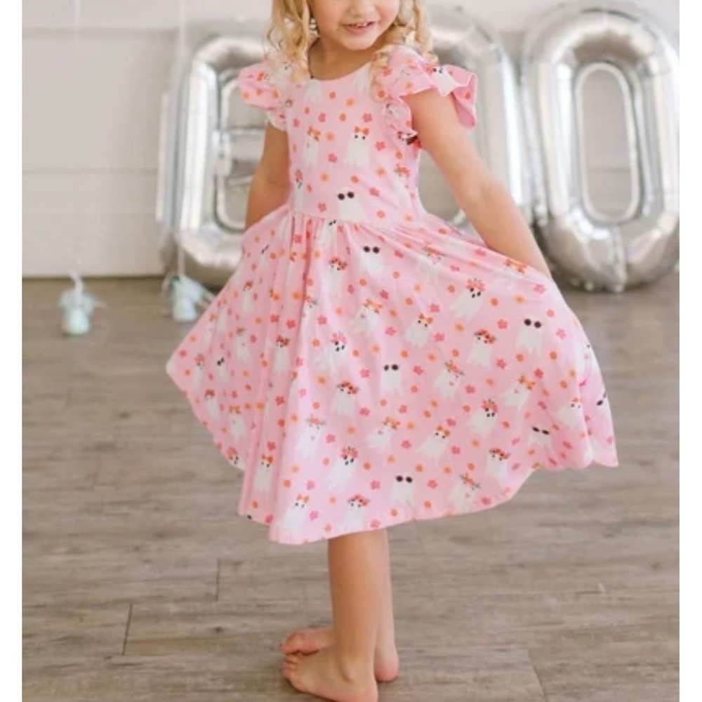 Ollie Jay Olivia Twirl Dress Girls 3 Pink Halloween Ghost Floral Flutter Pockets